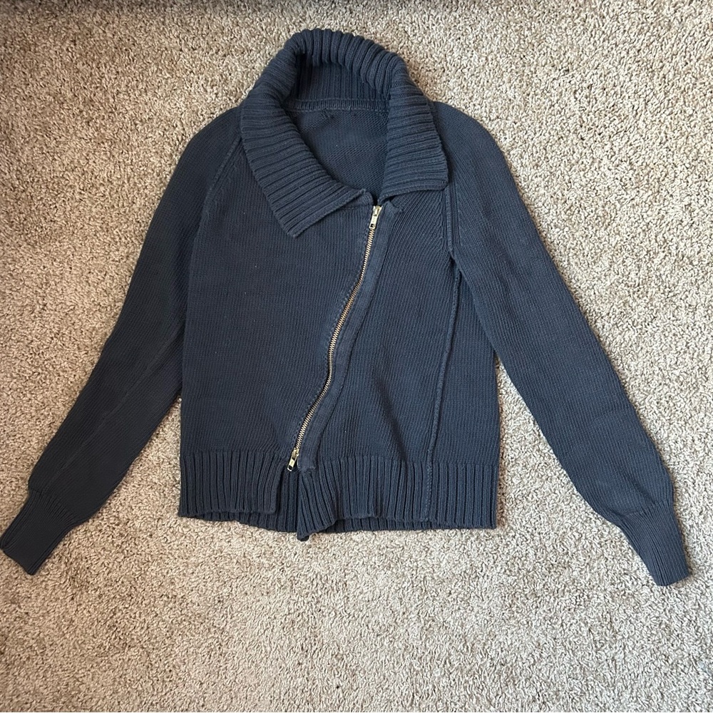 W Charcoal Grey Asymmetrical Moto Knit Double Zip Cardigan Size S/M |D34
